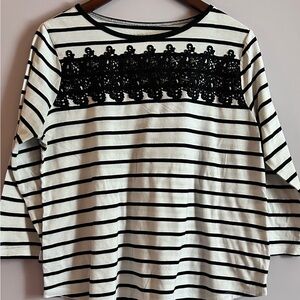 LOFT Outlet Black and White Striped Top with Lace Detail Size Medium